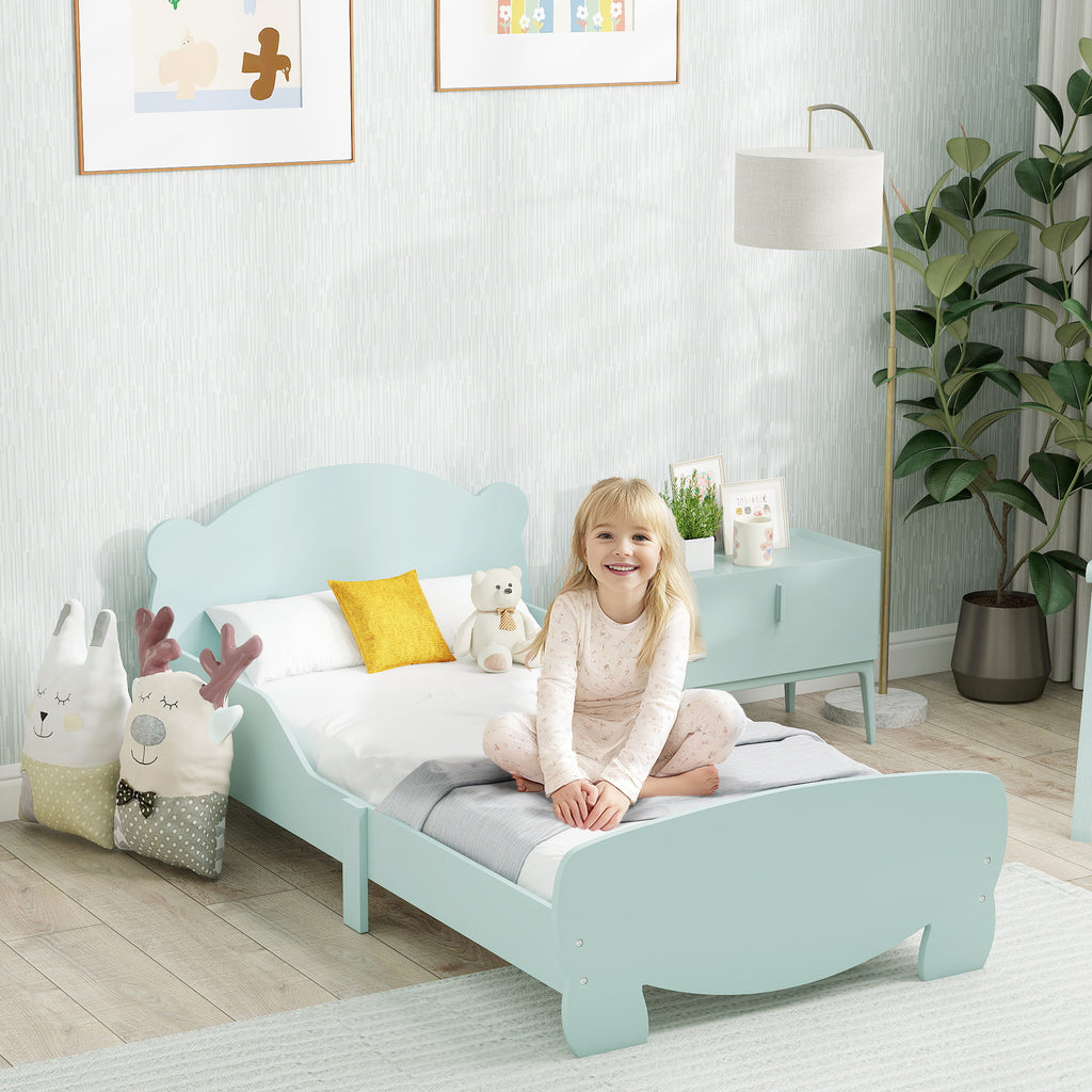 Lit enfant 70x140 cm avec barrières de sécurité thème d'ours pour garçons, filles, âgés de 3 à 6 ans, vert