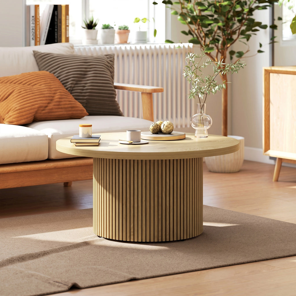 Table basse ronde en bois, table de salon avec piètement cannelé, style moderne, effet bois naturel