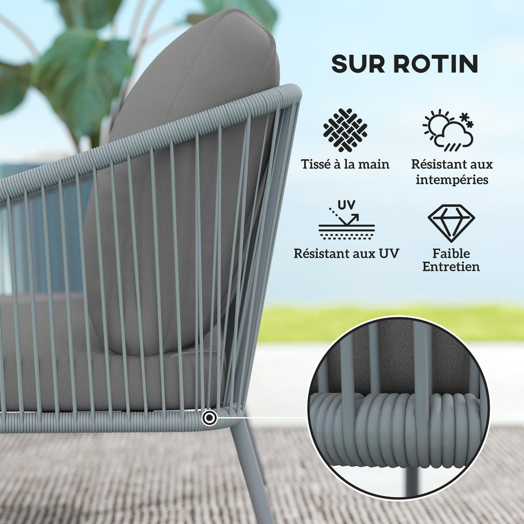 Canapé de jardin 2 places en résine tressée avec coussins canapé d'extérieur accoudoirs cadre en acier 112x72x76cm gris