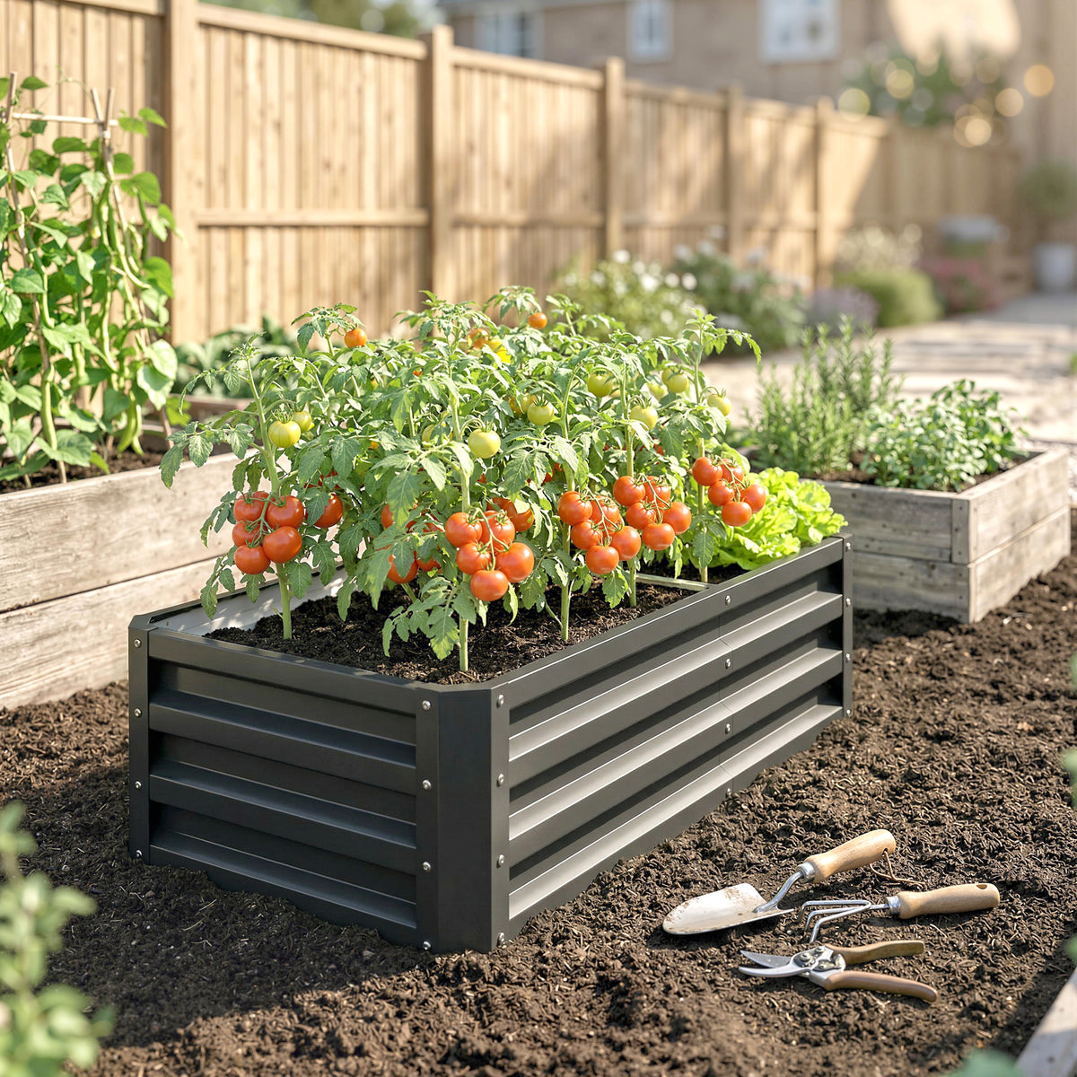 Carré potager de jardin rectangulaire tôle d'acier ondulée 120 x 60 x 30,5 cm gris