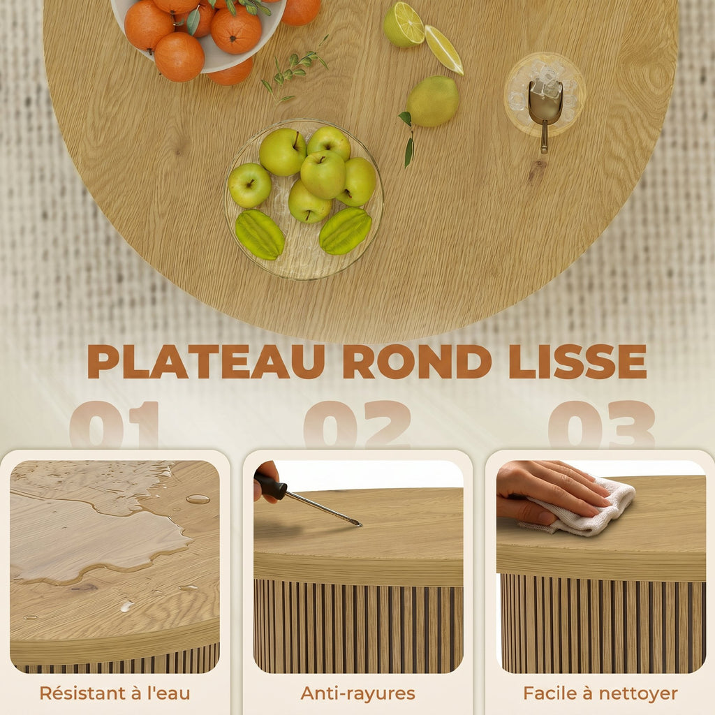 Table basse ronde en bois, table de salon avec piètement cannelé, style moderne, effet bois naturel