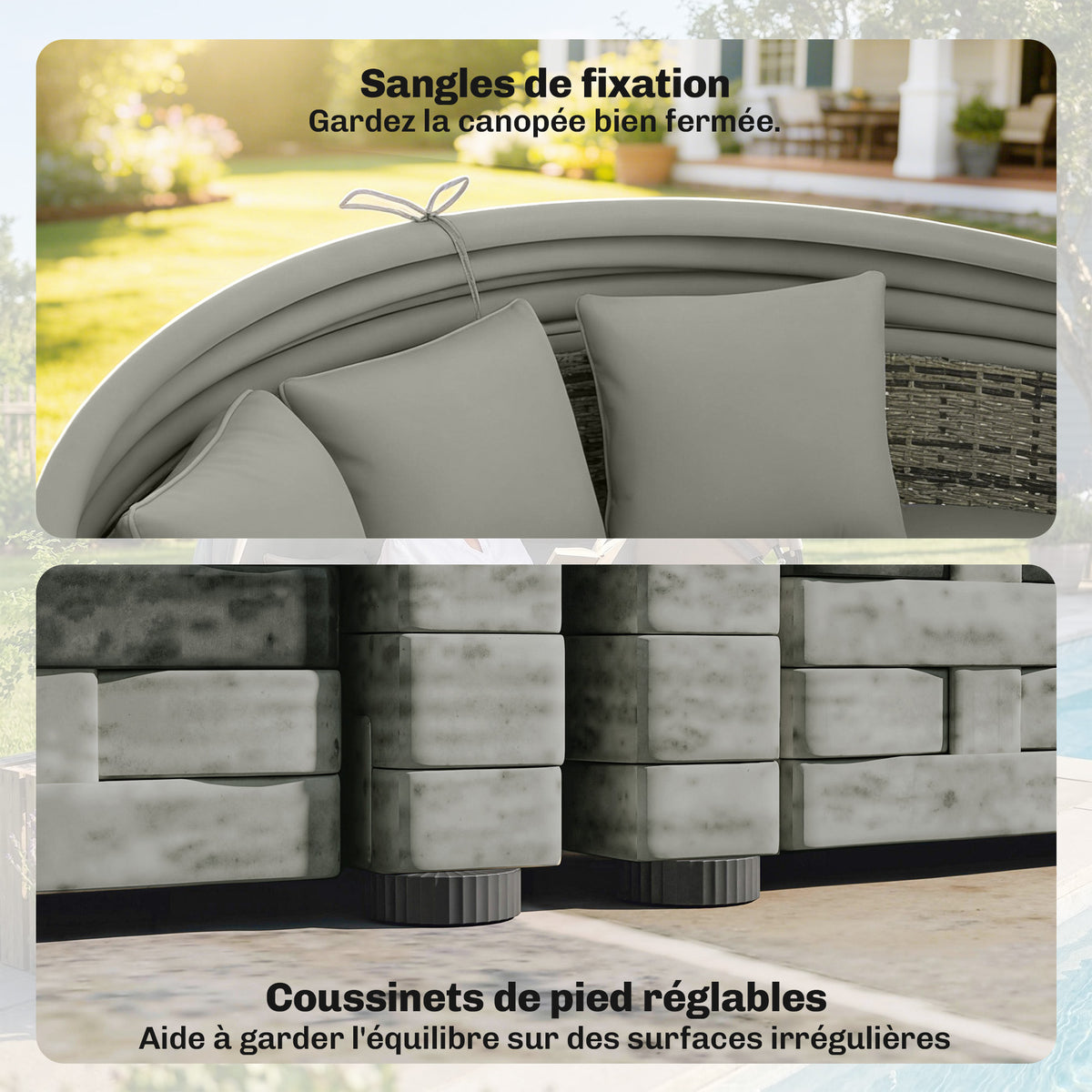 Bain de soleil rond, lit de jardin extérieur modulable 3 PSC en résine tressée avec auvent rétractable, gris clair
