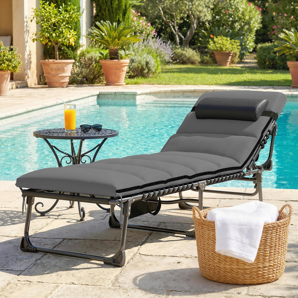 Chaise longue jardin extérieur, Bain de soleil Pliable, dossier inclinable sur 5 positions, 200 x 57 x 38 cm, gris Foncé