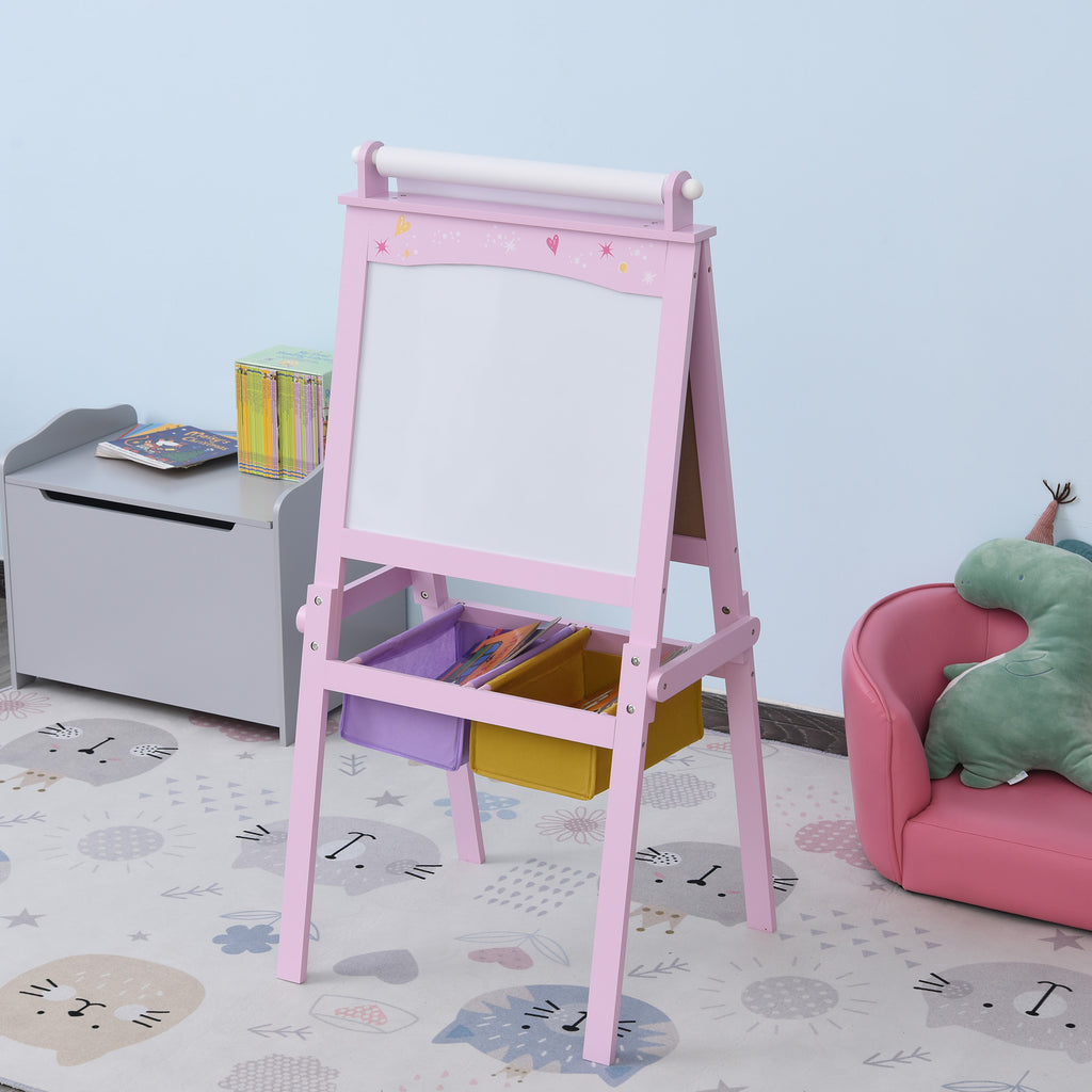 3 en 1 Tableau Enfant - chevalet Enfant - Ardoise Double Face - Tableau Blanc Tableau à Craie - Rouleau Papier avec accessoires + paniers Rangement intégrés - MDF Rose
