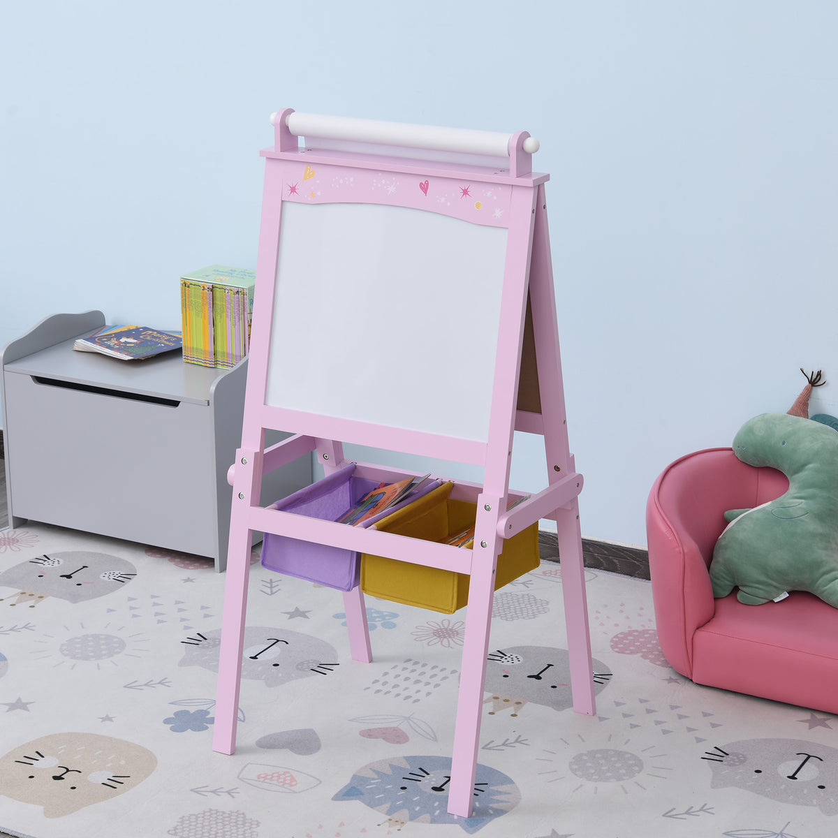 3 en 1 Tableau Enfant - chevalet Enfant - Ardoise Double Face - Tableau Blanc Tableau à Craie - Rouleau Papier avec accessoires + paniers Rangement intégrés - MDF Rose