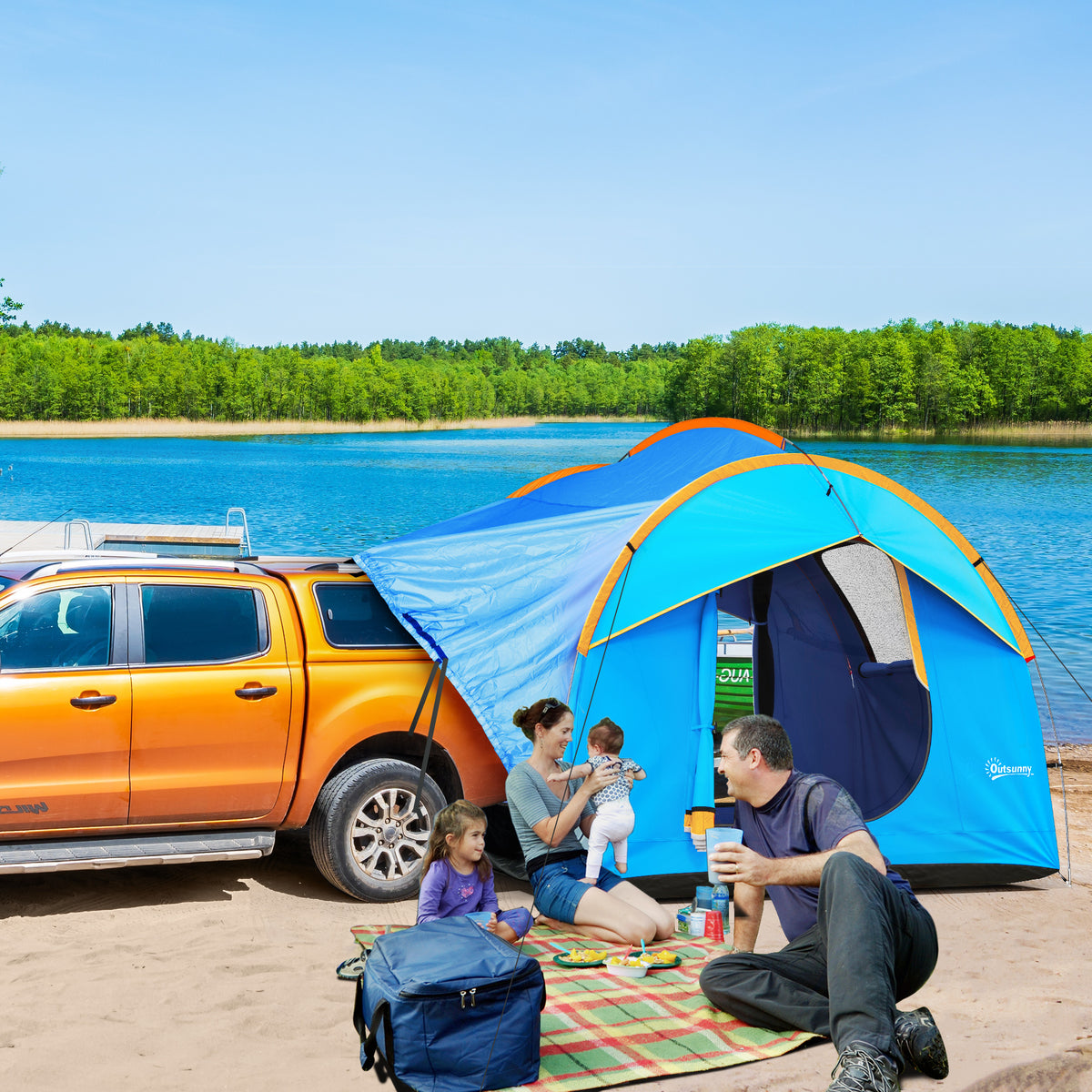 Tente de voiture pour SUV hayon 5-6 personnes avec 3 portes, fenêtre en maille, pour trekking, randonnée, bleu et orange