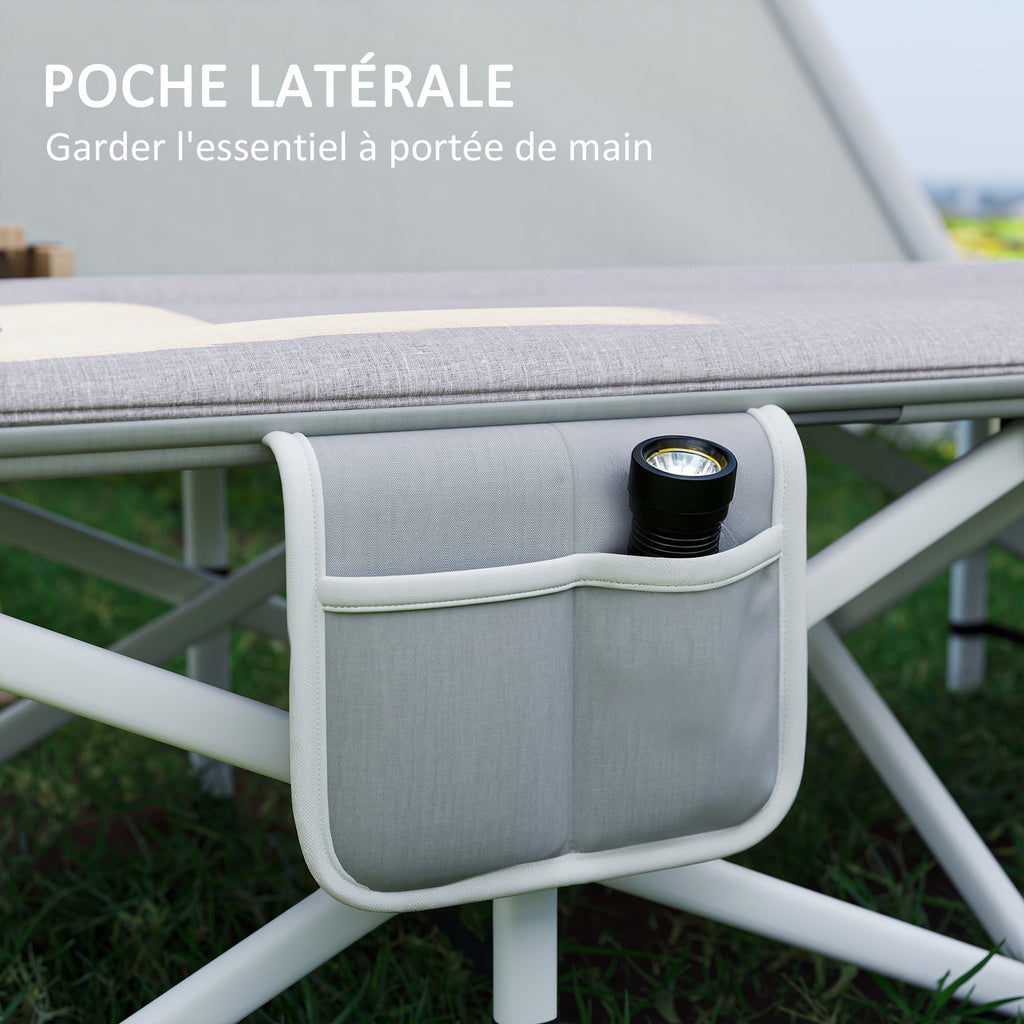 Lit de camping pliable avec matelas transat chaise longue sac de rangement intégrée dim. 185L x 65l x 37H cm gris