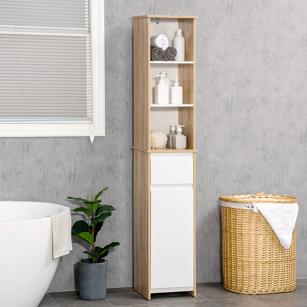 Meuble Colonne Rangement Salle de Bain Style Cosy 3 niches tiroir Placard avec étagère Blanc Aspect chêne Clair