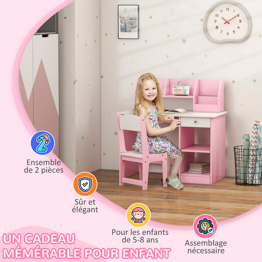Bureau enfant avec chaise ergonomique avec clavier coulissant tiroir niches et étagères ouvertes 90 x 45 x 90 cm rose