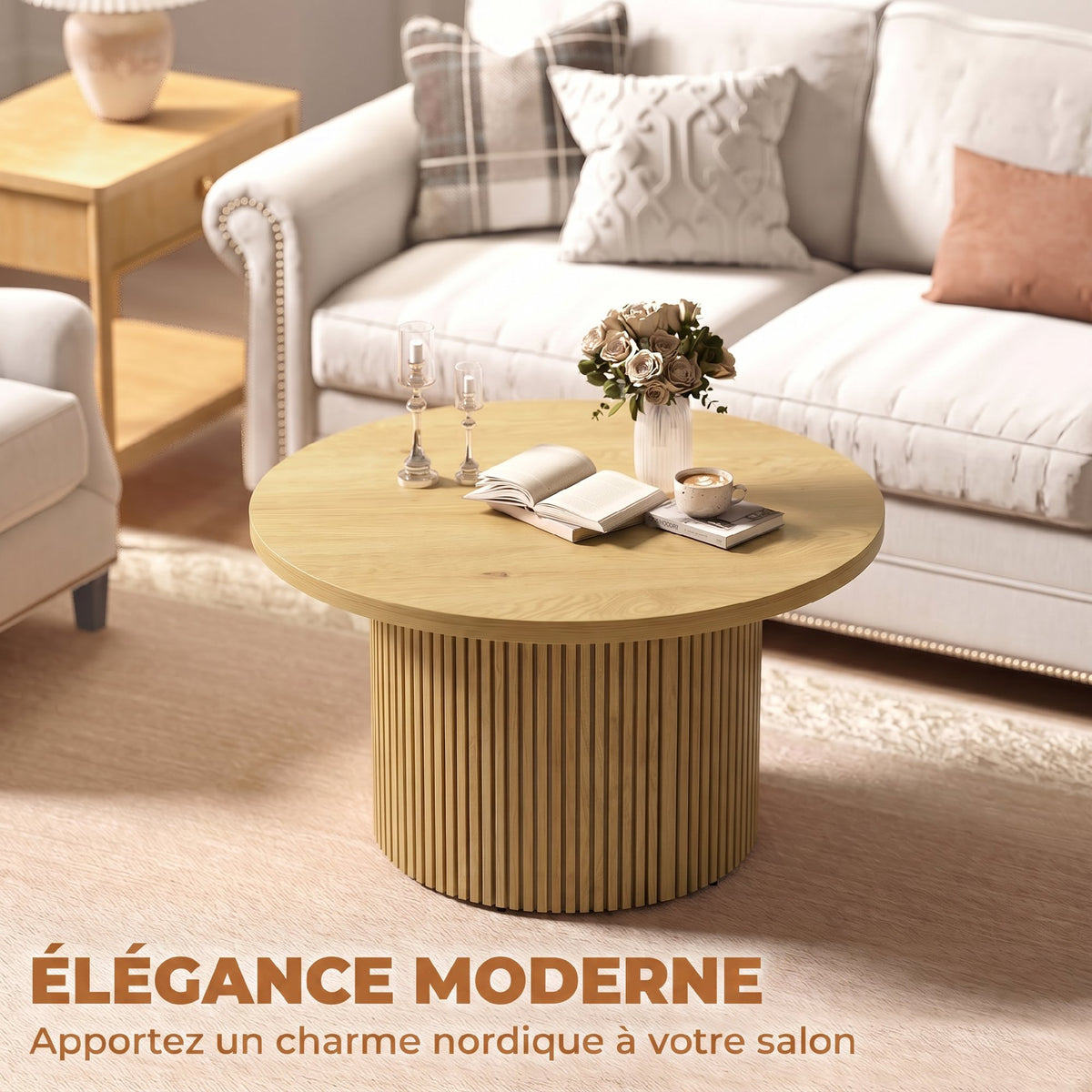 Table basse ronde en bois, table de salon avec piètement cannelé, style moderne, effet bois naturel