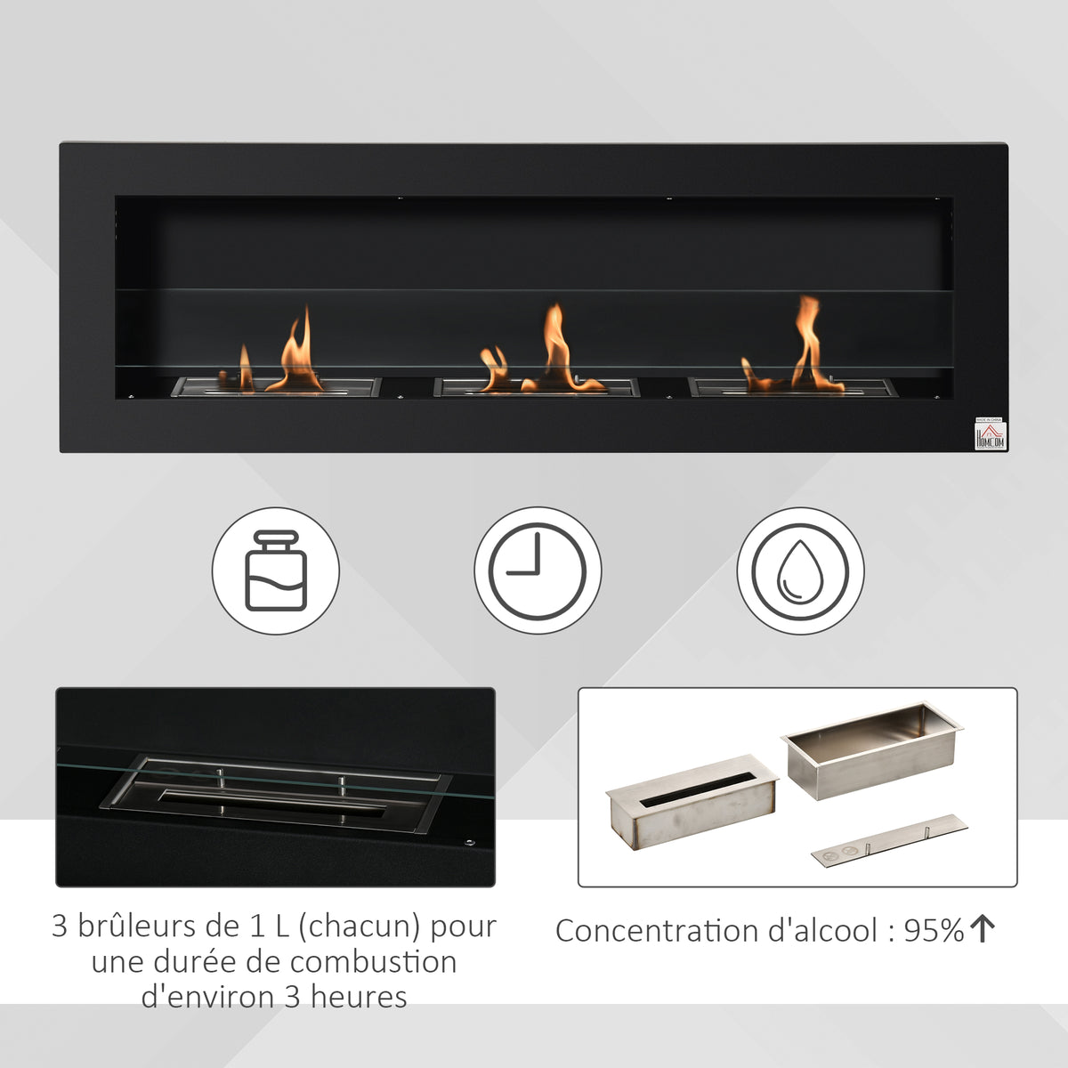 Cheminée bioéthanol Murale encastrable 3 brûleurs 3 L au total, environ 3 h de durée de combustion, dims. 120L x 15l x 40H cm, acier inox noir