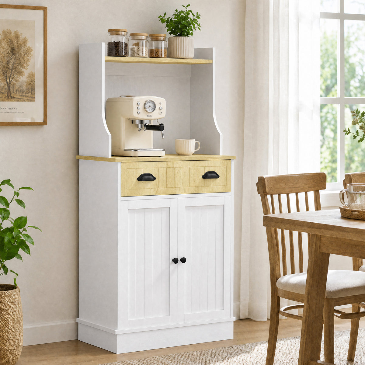Meuble armoire micro-ondes pour cuisine avec espace ouvert 1 tiroir et placard 2 portes 61 x 35 x 125,4 cm chêne