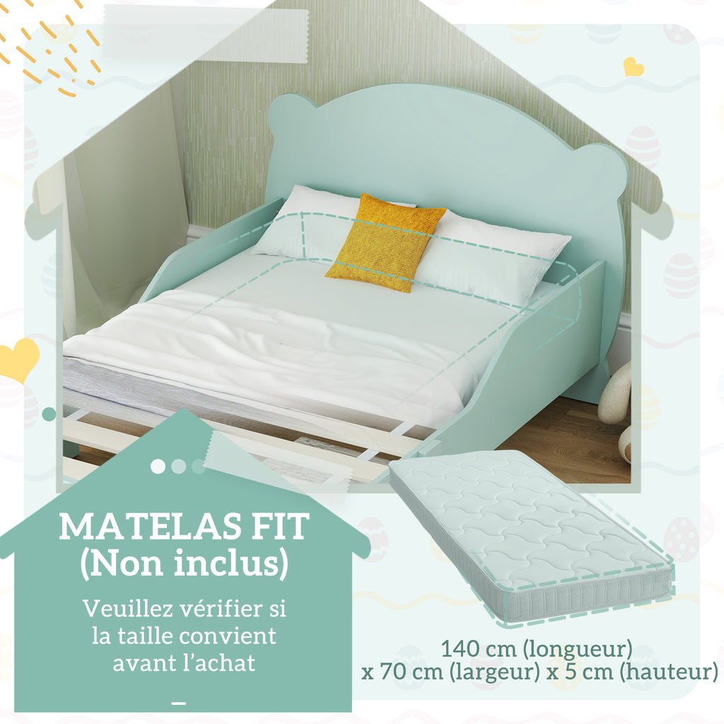 Lit enfant 70x140 cm avec barrières de sécurité thème d'ours pour garçons, filles, âgés de 3 à 6 ans, vert