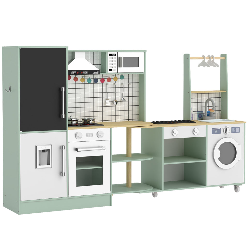 Cuisine Enfant Jouet d'Imitation, Micro-Ondes, Four, Plateau Rotatif sur Roulettes, 160x32x97,5cm, Vert Clair