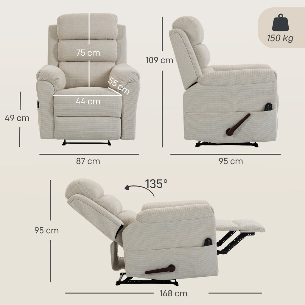 Fauteuil Inclinable de Massage et Chauffage, Fauteuil de Relaxation, Appuie-tête Réglable Poches Latérales, Crème