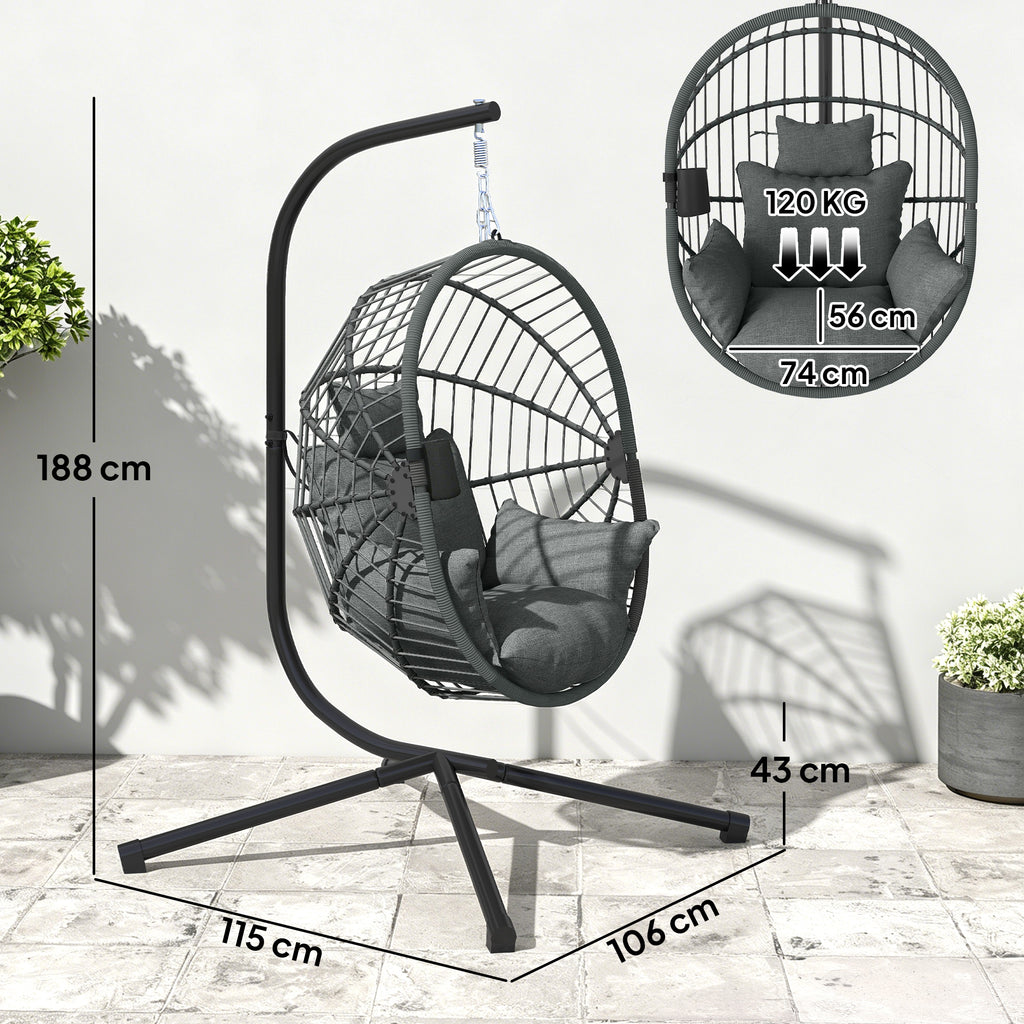 Fauteuil œuf suspendu, chaise hamac balançoire intérieur et extérieur, panier pliable, coussin rembourré, gris