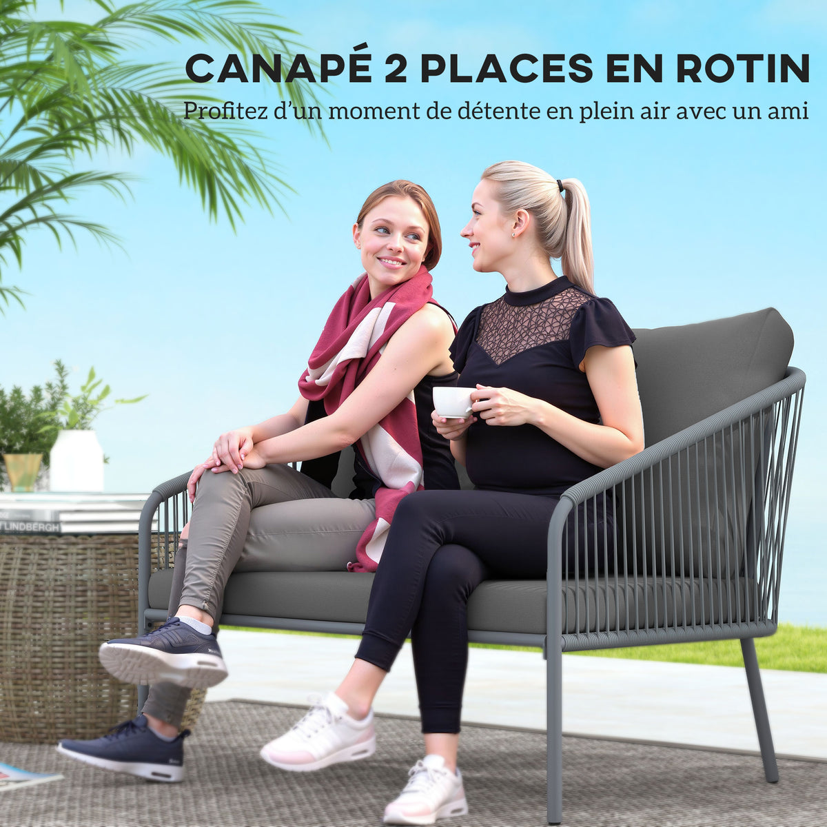 Canapé de jardin 2 places en résine tressée avec coussins canapé d'extérieur accoudoirs cadre en acier 112x72x76cm gris