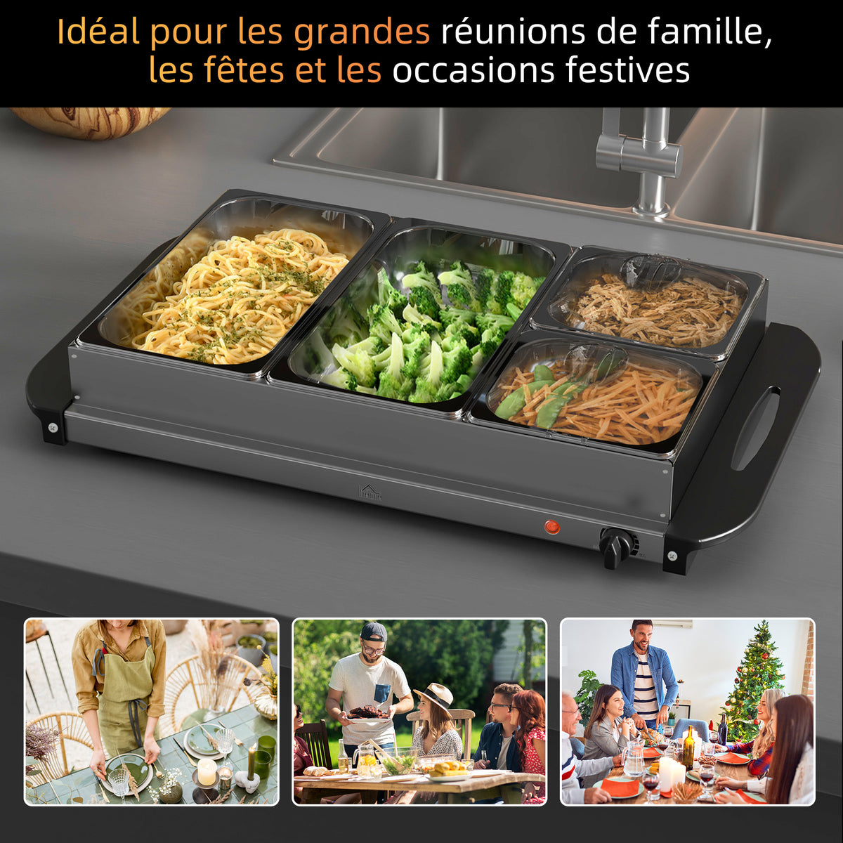 Chauffe-plats électrique acier inoxydable 300 W capacité 2 x 2,4 L et 2 x 1 L plaque chauffante et températur réglable