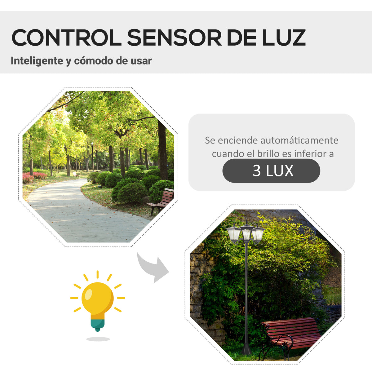 Lampadaire de jardin extérieur à LED solaire avec capteurs 3 abat-jours - H.182.5 cm - IP44
