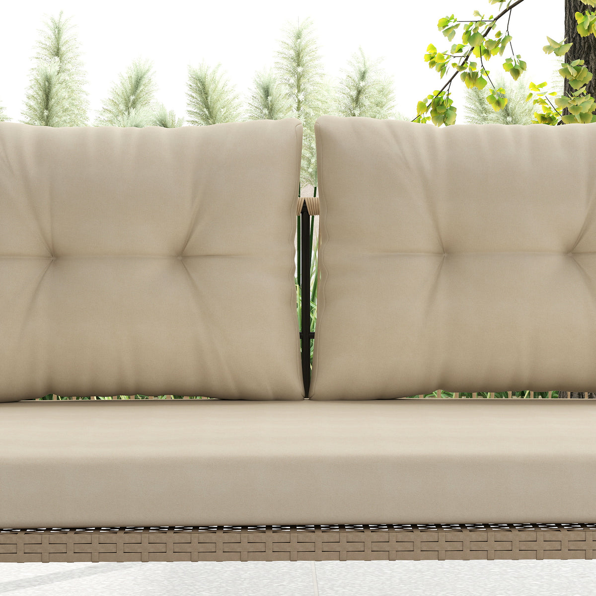 Banc Suspendu Extérieure 2 Places en Résine Tressée avec Coussins et Chaînes en Acier, 115x66x44cm, Beige