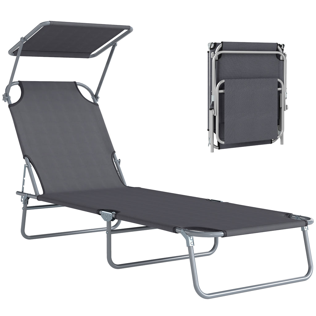 Transat Bain de Soleil Pliable Chaise Longue Pliante Grand Confort Dossier Inclinable Multi-positions et Pare-Soleil réglable Dim. 187L x 58l x 36H cm Gris