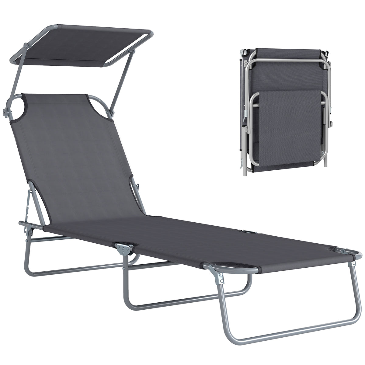 Transat Bain de Soleil Pliable Chaise Longue Pliante Grand Confort Dossier Inclinable Multi-positions et Pare-Soleil réglable Dim. 187L x 58l x 36H cm Gris