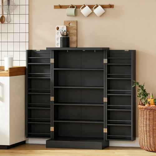 Armoire de Cuisine, Buffet Cuisine, avec 2 Portes, 12 Porte-Racks, 5 Compartiments et Étagères Réglables, Noir