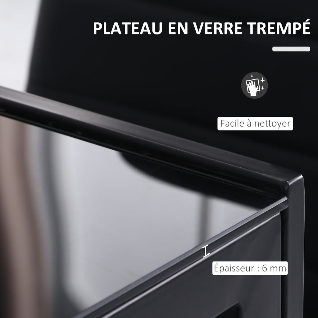 Table à manger pour 4 personnes, table de cuisine avec plateau en verre trempé et pieds en métal, 120x60x75cm, noir