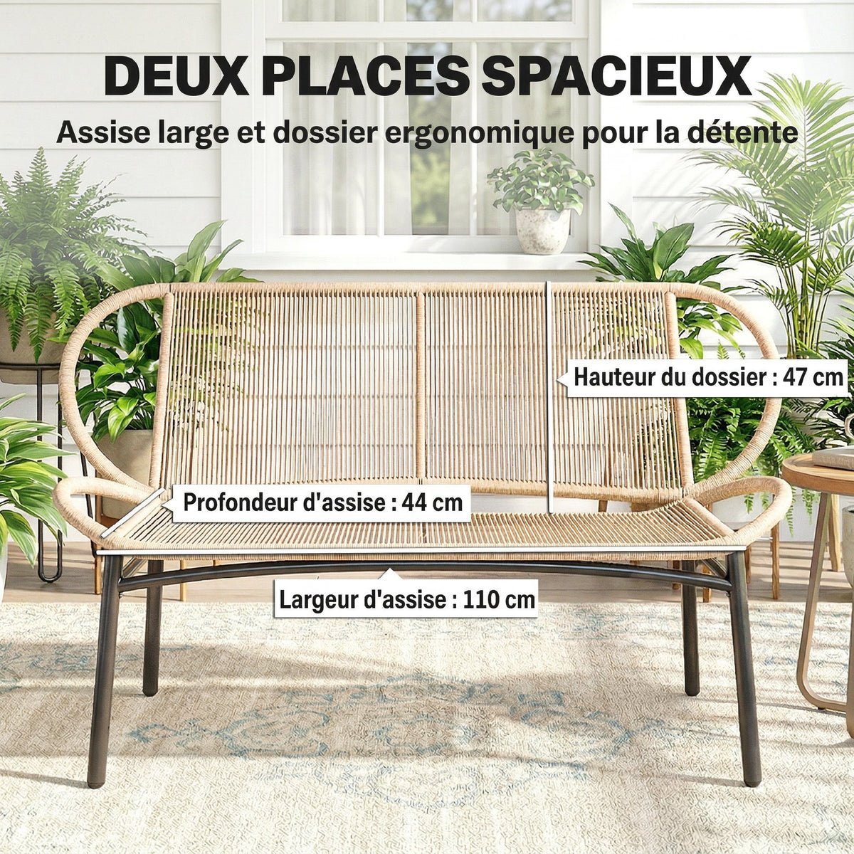 Banc de jardin 2 places, banc d'extérieur en résine tressée avec cadre en métal, résistant aux intempéries, naturel