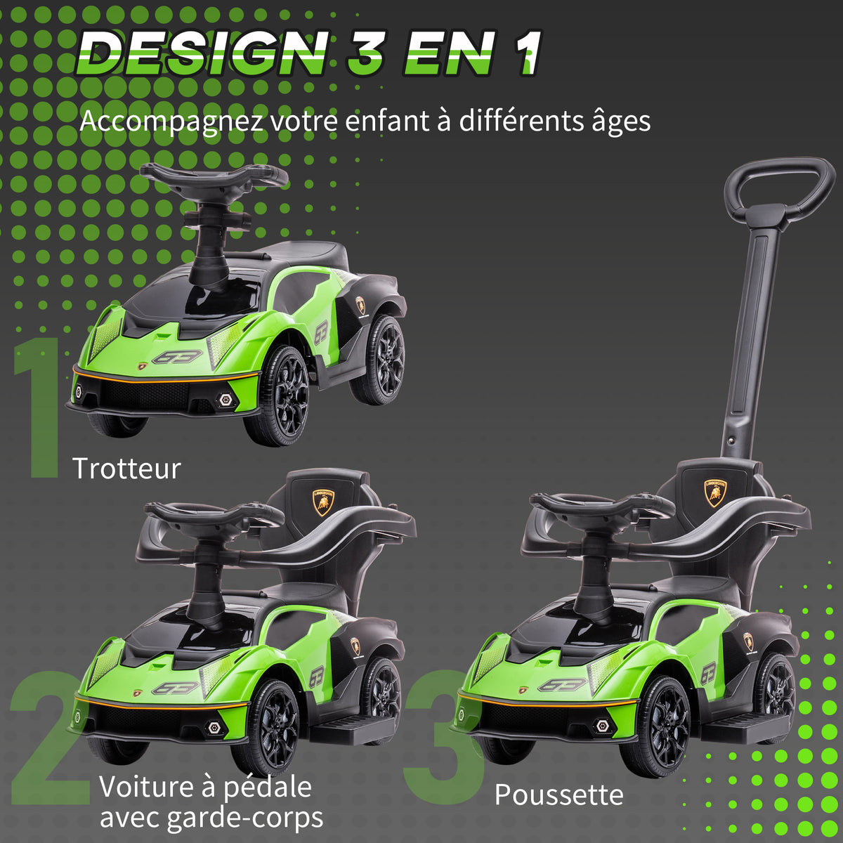 Voiture à pousser pour enfants porteur enfants 1 à 3 ans multi-équipée avec poignée de poussée, klaxon et volant, vert