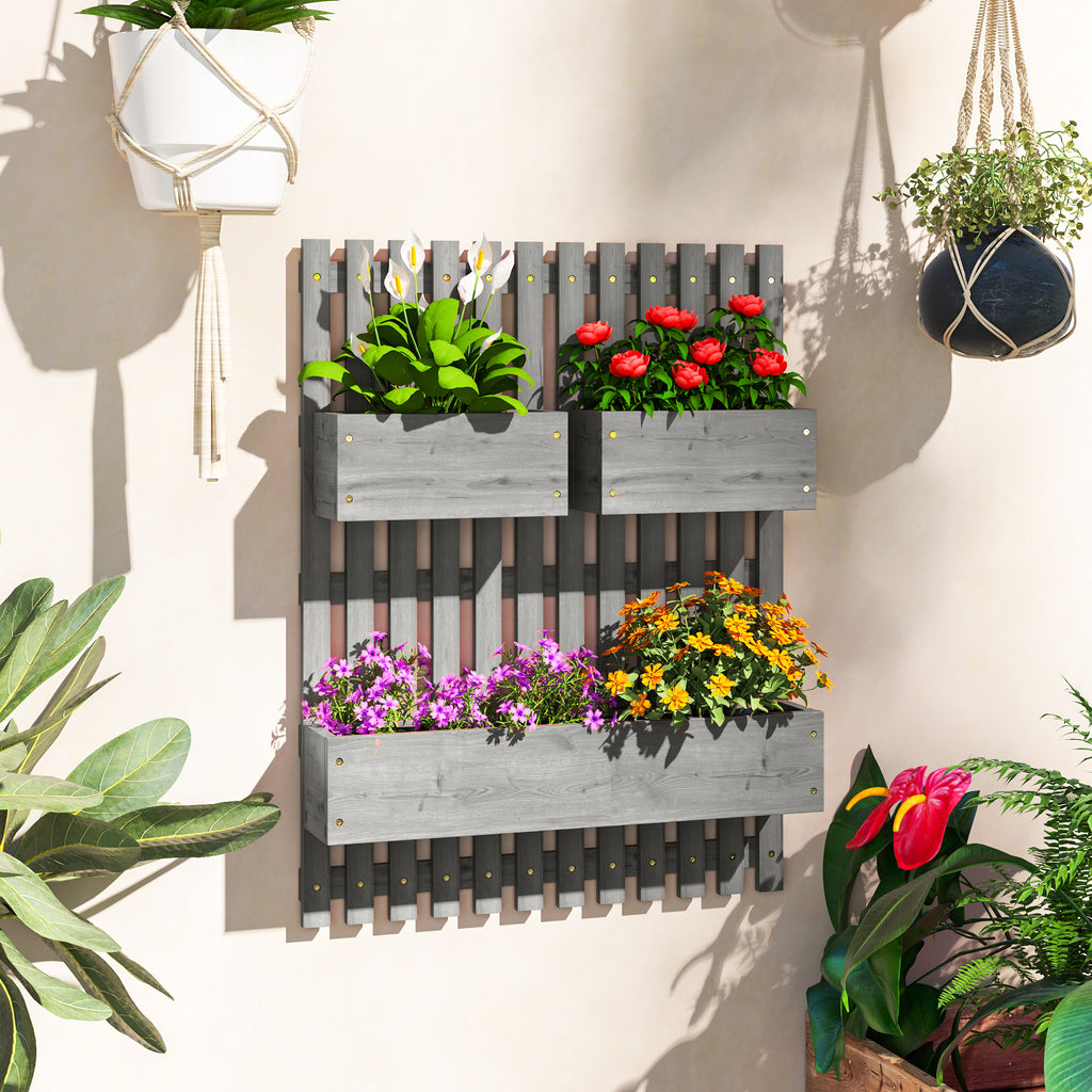 Jardinière murale potager avec 3 bacs en bois massif amovibles, tissu non tissé, 60 x 16 x 80 cm gris